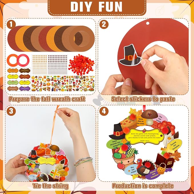 Hollowfly 48 Set Thanksgiving Wreath Craft Kits DIY Christian Ornament | Christian Thankful Fall Designs, Hanging Ornaments, Ideal for Thanksgiving Decor, Sunday School Crafts & Church Party Favors