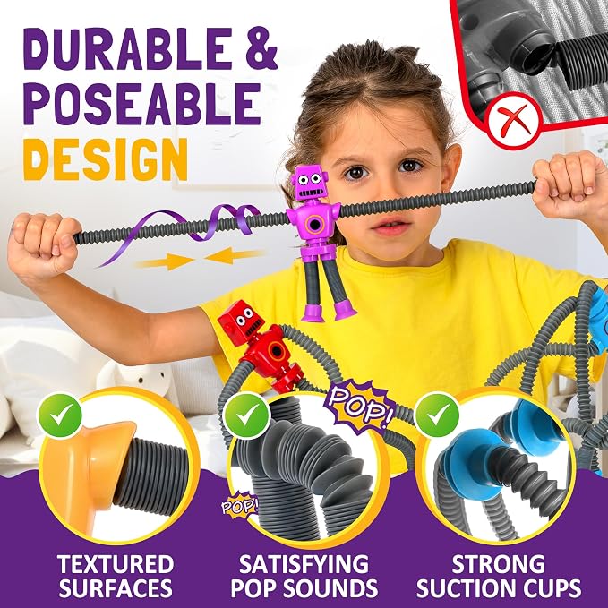 nutty toys Sensory Robot Toys 4pk - Top Pop Tubes Fidget 2026 for ADHD & Autism Ages 3 4 5 6 7 8 9 10 11 12, Best Kids Travel Idea, Unique Christmas Toddler & Tween Gift Idea & Boy Stocking Stuffers