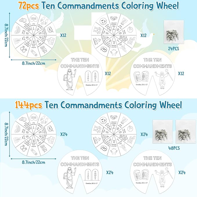 COcnny Ten Commandments Coloring Craft - 48 Sets Color Your Own Religious Art Wheel Kit for Kids, 10 Commandments DIY Craft Art Cards for Sunday School Christian Home Classroom Activities VBS Supplies