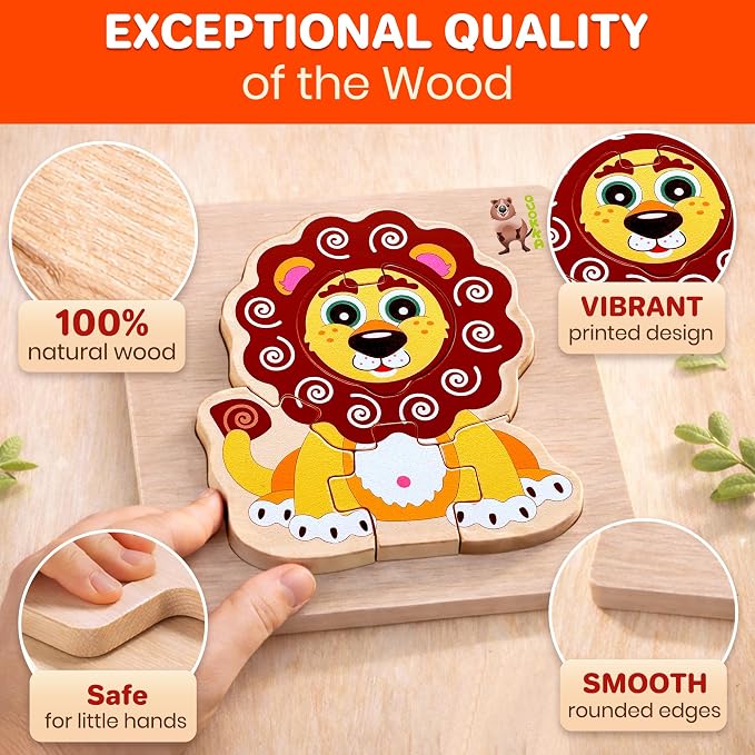QUOKKA Wooden Puzzles for Toddlers 1-3 – 6XSET Chunky Toddler Puzzles Ages 2-4 – Montessori Animal Toy for Kids 3-5 Year Old – Wood Games Gift for Boys & Girls