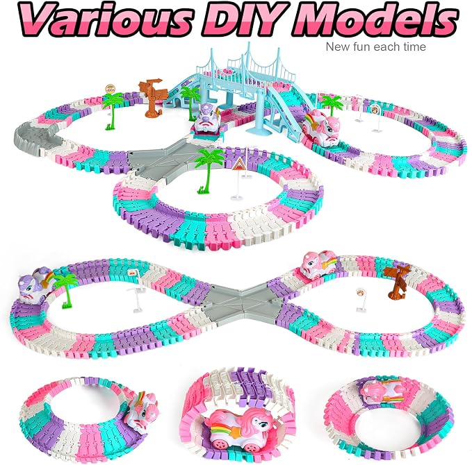 Coroiesty 268 PCS Unicorn Race Tracks for Kids Toys, Flexible DIY Track Set | Glow in The Dark Magic Toy Set, 2 Unicorn Cars Track, Birthday Gift for Age 3-9 Boys Toddler Girls