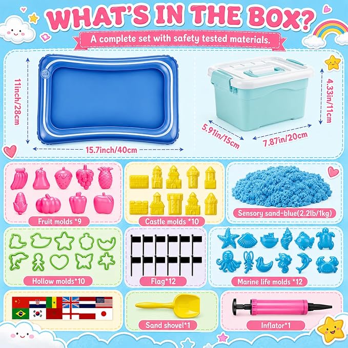 Teyva Daily 59 Pcs Sensory Bin Sand Kit with 2.2lbs Blue Moldable Play Sand, Inflatable Tray, Lidded Storage Box, Castle Ocean Animal Fruit Molds, Flags and Pump for Kids Toddler Ages 4-6