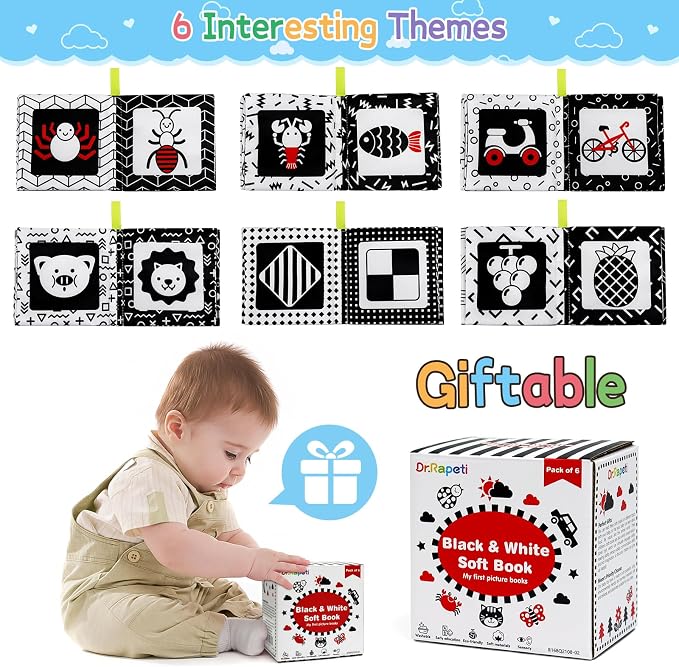 Dr.Rapeti 6 Pack Soft Books, High Contrast Cloth Book, Bath Book, Baby Book | Baby Shower Toy, Washable, Nontoxic, Educational Learning Toy, Sensory Book, Baby Soft Cloth Book, Crinkle Soft Book
