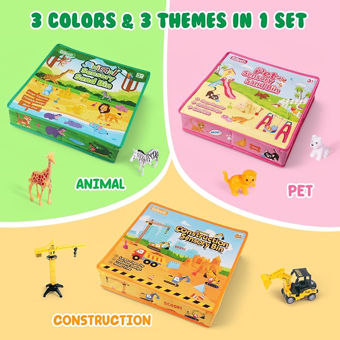 Billeeit. 3 Pack Sand Box Sensory Bins with Zipper Lid & Carry Handle | 15 Inch Printed Foldable Portable Stackable Sand Play Storage Bins for Kids 3+ Indoor & Outdoor Toy