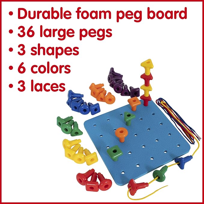 edxeducation Geo Pegs and Peg Board Set, 36 Pegs, 3 Shapes & 3 Laces | 6 Colors, Ages 18m+, Homeschool Supplies for Preschool Activities