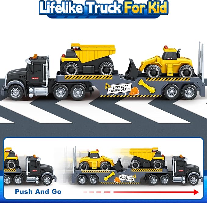 Bstoyder Toddler Boy Toys for 3 4 5 6 7 Years Kids, 21" Semi Construction Carrier Truck Toy with Excavator and Dump Truck, Friction Powered Toys with Lights and Sounds, Birthday for Boy Girls