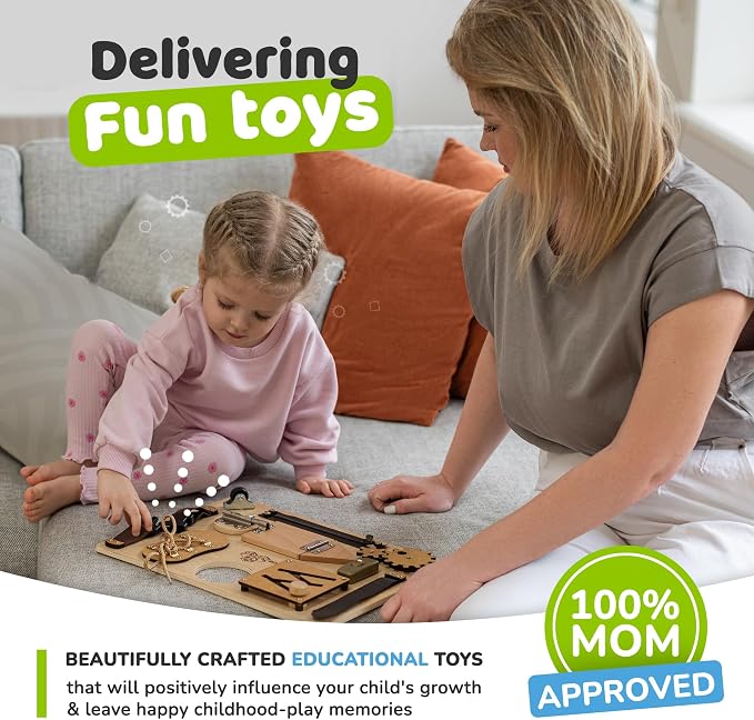 Montessori Busy Board with 10 Educational Activities for Fine Motor Skills | Preschool Busy Board for 3 Year Old with 10 Educational Activities for Fine Motor Skills, Travel Toy