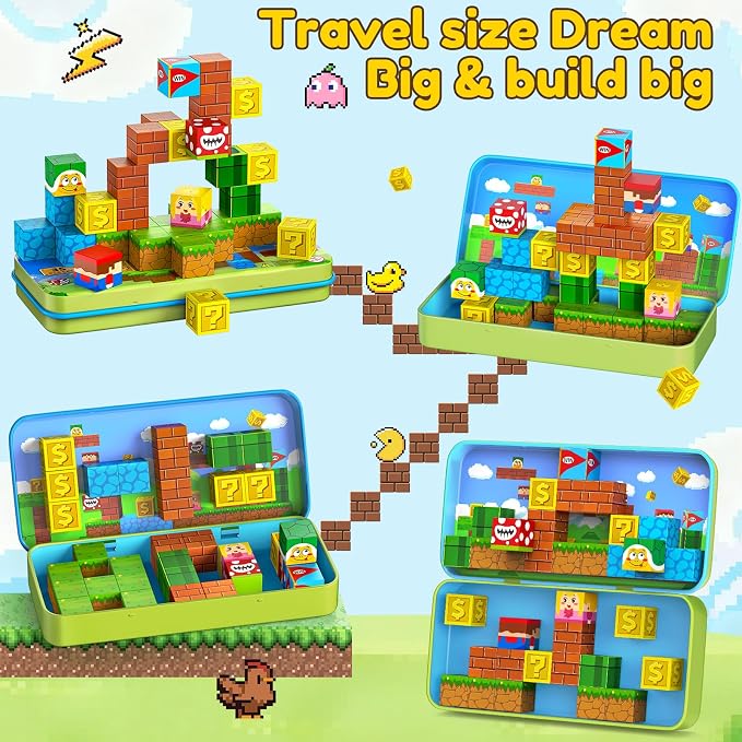 KAEILORU Magnetic Blocks Travel Toys for Kids Ages 4-8,35PCS Magnetic Cubes | STEM Learning Set with Portable Iron Storage Box Construction Learning Toys for Toddlers Ages 3-5