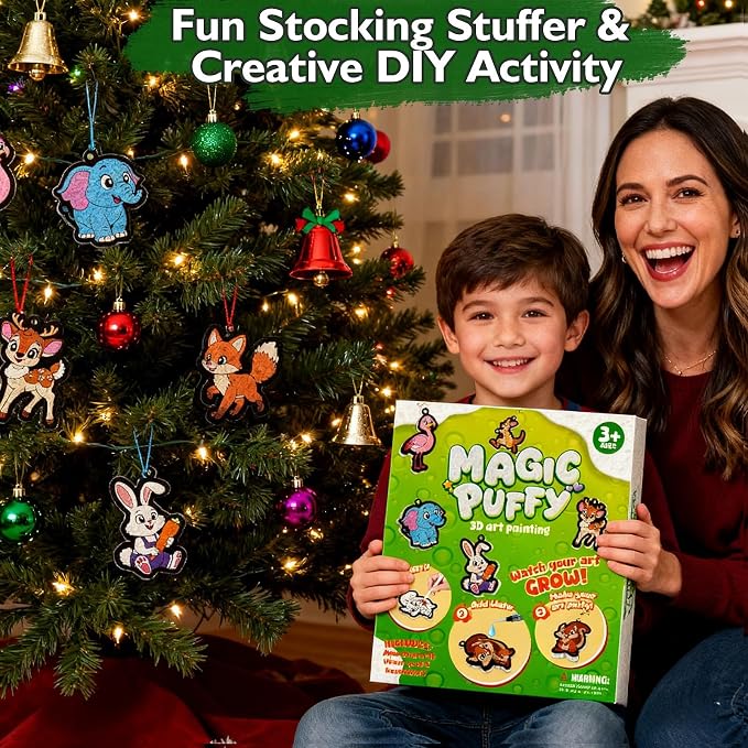 Magic Puffs 3D Art Craft, Jungle & Forest Animals Crafts for Kids, DIY Foam Texture Painting & Inflate Activity – Easy, Fun, Mess-Free, Christmas Birthday Gift for Girls & Boys Age 4 5 6 7 8 9 10