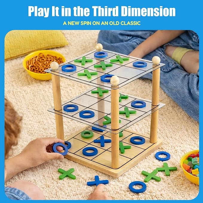 3D Wooden Tic Tac Toe Board Game, Classic XO Strategy Game | Durable Tabletop Game for Kids and Adults, Fun Family Activity for Parties, Travel, Gatherings and Game Night