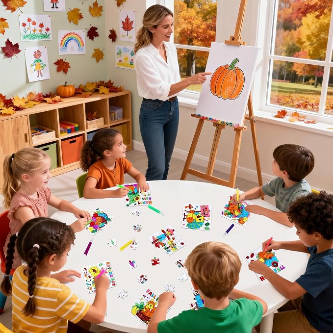 Thanksgiving Fall Arts & Crafts for Kids, Autumn Activity Kit Blank Puzzle | 24 Set Thanksgiving Jigsaw Pumpkin Turkey for Fall Harvest Party Favors Classroom Gifts DIY Coloring Games Toys Supplies Bulk