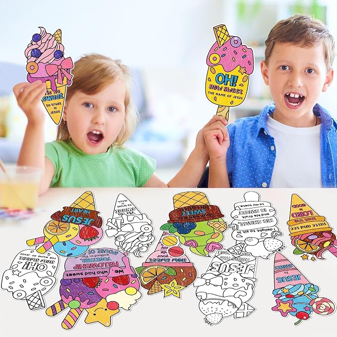ANGOLIO Ice Cream Coloring Crafts Kits - 83Pcs Summer Ice Cream Coloring Paper Cards Hanging Ornaments Cute Dessert Jesus Religious DIY Art Painting Kit for Holiday Party Supplies Art Activities Decor