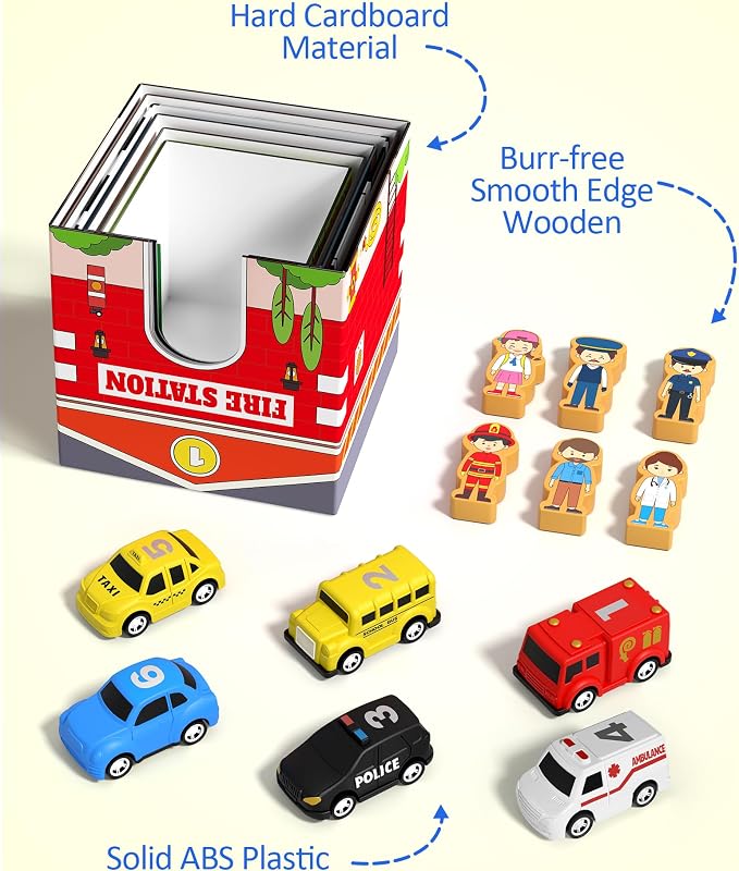 Coogam Montessori Sorting & Stacking Blocks with Nesting Garages Cars | Stackable Number Boxes for Toddlers Learning Community Helpers, Preschool Educational Toy Gift for 2 3 4 Year Old Baby