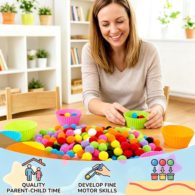Bbiamsleep 180 Pcs Sensory Bin Fillers, Sensory Bin Pompoms | Sensory Bin Items Includes Pom Poms Sorting Bowls Tweezers Scissors Clips for Counting Sorting