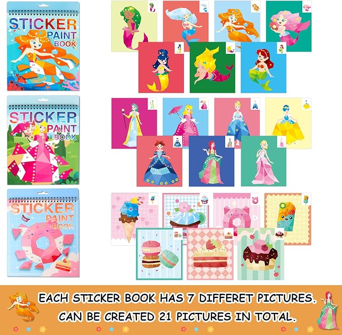 Crafts for Kids Ages 4-8 Stickers Paint Books Mermaid Princess and Desserts Sticker by Number Book for Kids Girls Boys Ages 4 5 6 7 8 9 10 Birthday Party Favors Gifts Car Plane Travel Activity Books