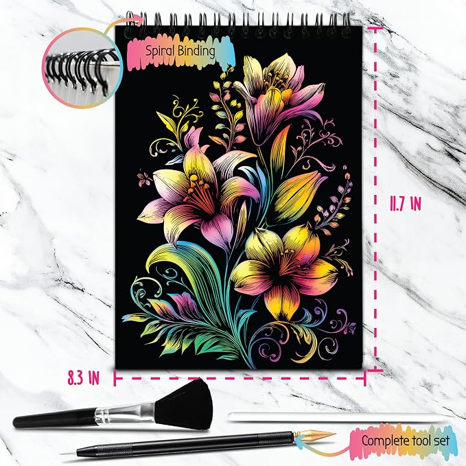 Scratch Art Book for Adults - Floral Series, 10 Rainbow Art and Crafts for Adults | Adult scratch art & foil art for adults kit | stress relief scratch painting, screen-free travel craft | scratch art adult