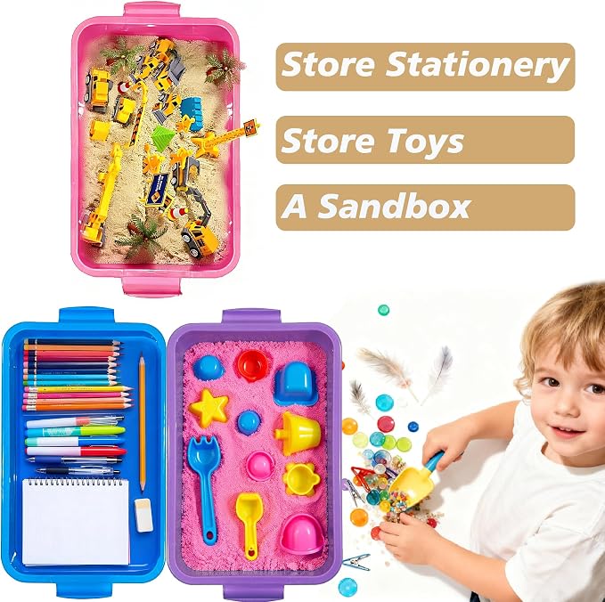 4 Qt (3.8L) Sensory Bin With Lid - 3 Pack, Stackable Storage Sensory Bins with Lids, Portable Sandbox, Organizers Sand, Arts, Crafts, (Blue, Purple, Pink)