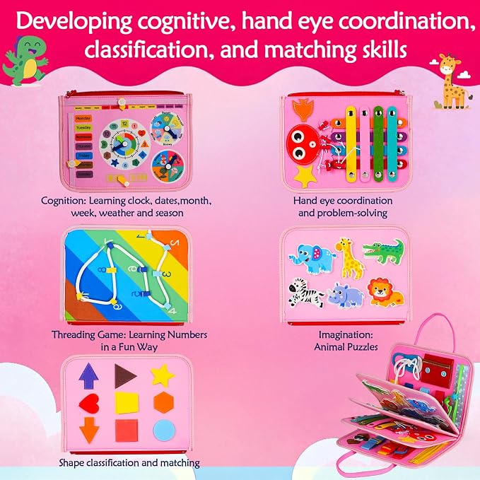 Montessori Busy Board for Toddlers – Sensory Busy Book with Buckles, Zippers, Letters, Animals, Toddler Activities – Fine Motor Skills Development Learning for Boys Girls Travel Activity