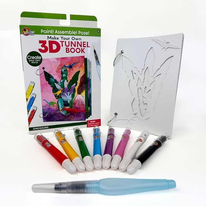 EyeConnect Crafts Dinosaurs Mini 3D Tunnel Book – Hands-on Paper Craft Kit | Build, color & create a pop-in book! Mini animals, watercolor pastels & water brush included. Portable, screen-free fun! 3+