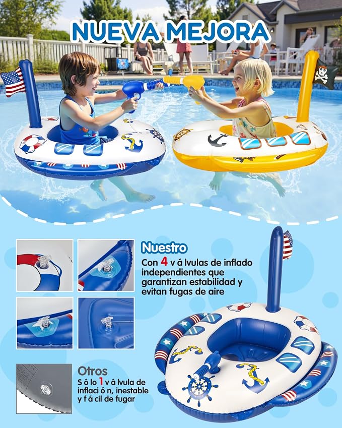 2PCS Inflatable Pool Floats Kids, Pirate Ship Pool Float with Water Gun, Pool Toys for Kids Ages 4-8, Pool Float Safety Seat Swimming Pool Games for Boys Girls