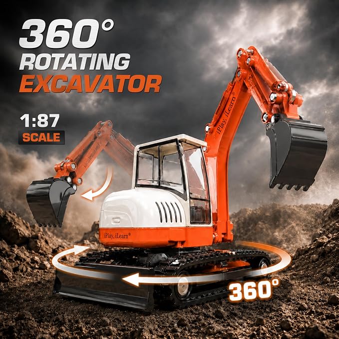 iPlay, iLearn Heavy Duty Construction Site Playset, Metal Dump Truck Digger | Kids Diecast Excavator Backhoe Tractor Bulldozer Vehicle, Outdoor Sandbox Beach Toy, Birthday Gift 3 4 5 Year Old Boy Toddler