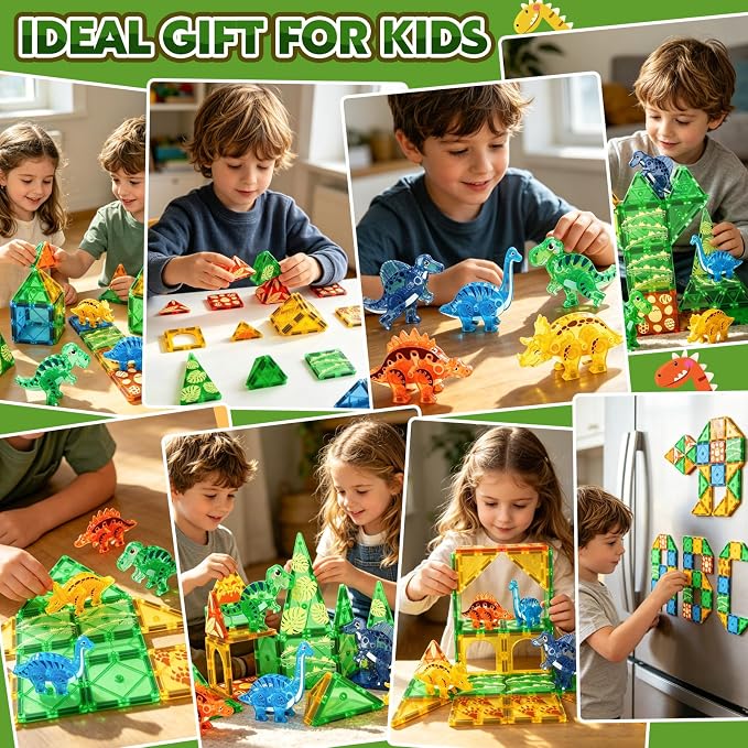 Dinosaur Toys Magnetic Tiles 3D Movable Dinos for Kids 3-5 5-7 Toddler Toy | Outdoor Sensory Toys with 5 Popular Dynamic Dinosaurs, STEM Educational Magnetic Blocks for 3+ Years Old Girls Kids Boys Toys