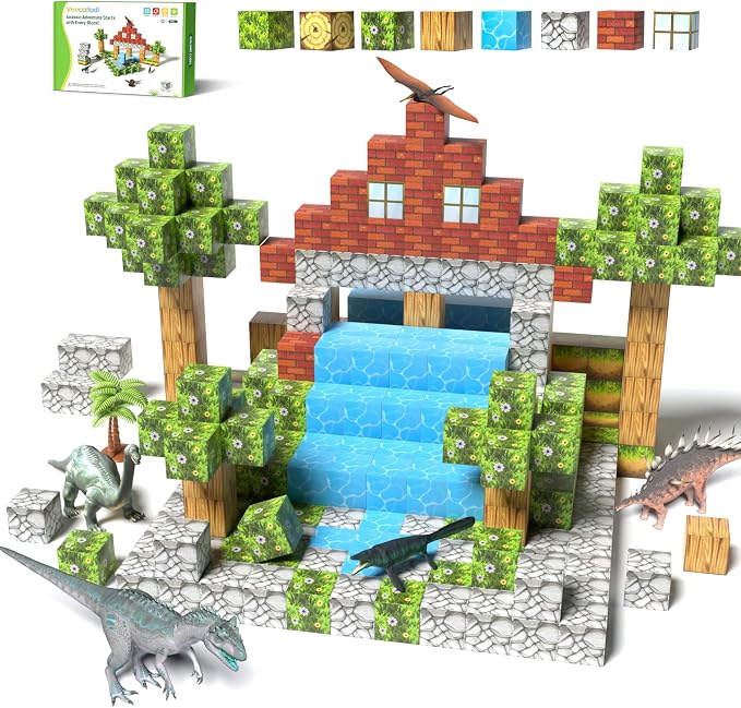 Veecafiodi Magnetic Blocks 108PCS, Dinosaur Magnetic Building Blocks with 6 Dinosaur Figures, Magnetic Blocks for Kids Ages 3-5, 4-8, STEM Construction Toy