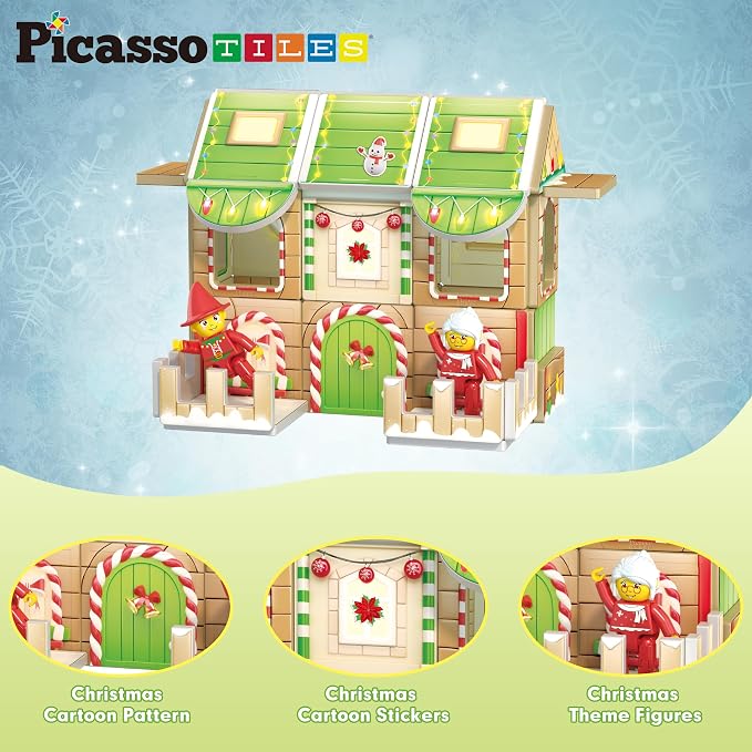 PicassoTiles Magnetic Tile Christmas Holidays Cottage Building Set with Santa Elves Nutcracker 6 Character Figures STEM Educational Construction Toy Winter Magnet Block Gift for Kids Age 3 Plus PTQ08