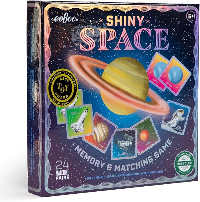 eeBoo Shiny Space Memory & Matching Game, Ages 5+, 1-6 Players | Introduces space & science vocabulary. Sharpens recognition, concentration & memory skills. Includes 48 foil tiles, 24 pairs