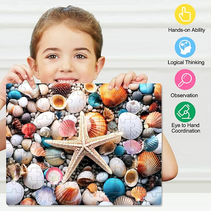 LELEMON Beach Shells Puzzles for Kids Ages 4-8,100 Pieces Colorful Beach Shell Jigsaw Puzzles in a Metal Box,Cute Shells Cobblestones Learning Educational Puzzles for Boys Girls
