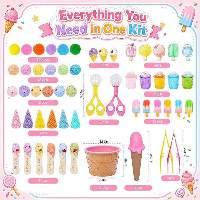 227PCS Ice Cream Sensory Materials Set, Summer Sorting and Counting Activity Supplies, Fine Motor Manipulatives for Classroom, Home and Travel （ice cream）