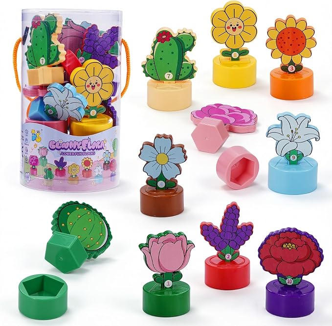 TSYAN Montessori STEM Toys Gift for Toddlers, Bloomy Flora Shape Color Number Sorting Matching Game, Educational Fine Motor Skills Learning Flower Blocks with Storage Tube for Boys Girls 2-4 Year Old