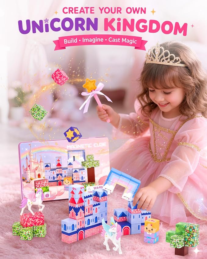 hahaland Unicorn Magnetic Blocks Travel Set Toy for Kids Ages 3-8, 50 Pcs | Includes Portable Magnetic Case, 2 Unicorn Figures, Magnetic Wand, 46 Pcs Mini Magnetic Cubes, Castle STEM Building Toy