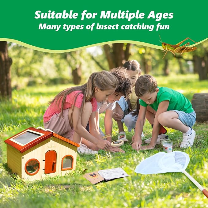 SimpliPlay Kids Explorer Kit & Bug Catcher for Kids, Outdoor Toys | Portable Wooden Bug Habitat, Butterfly Net, Magnifier, Observation Cup, 15 Insect Cards for Toddler 3-8 Year Old Boy Gift