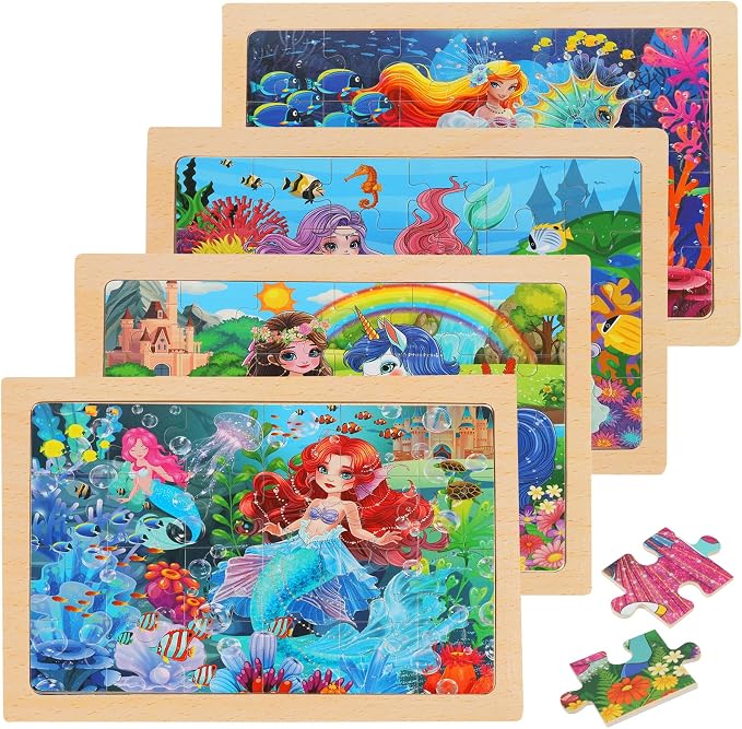 Puzzles for Kids Ages 4-6, 4-Pack 24-Piece Wooden Kids Puzzles | Unicorn, Mermaid & Princess Themes | Educational Puzzles for Kids Ages 3-5, Age-Appropriate Learning Toys, Ages 3+