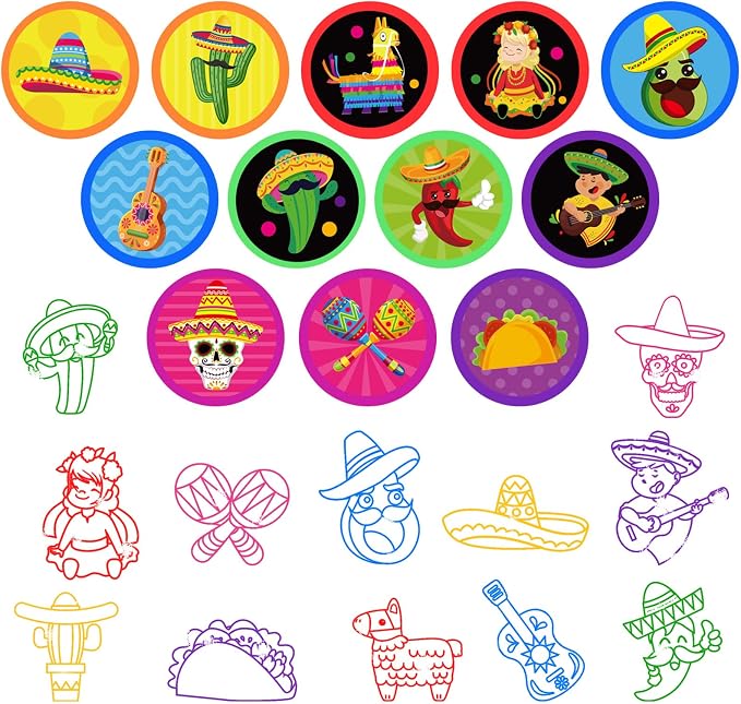 Cinrobiye 24 Pcs Mexican Fiesta Stampers for Kids,Party Favor Set, Mexico Party Favor Set Stampers, Cinco de Mayo Birthday Party Supplies, Classroom Rewards, Piñata Fillers, Goody Bag Stuffers