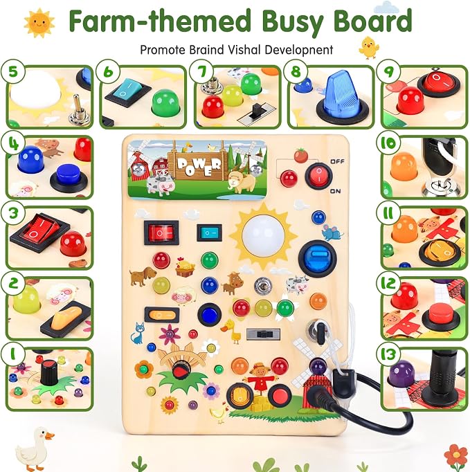 Busy Board with LED Light Switches, Montessori Toys for 1 2 3 Years Old, Toddlers Wooden Toy Sensory Activity Board, Travel Toys for 1+ Year Old Boy & Girl Birthday Gift (Farm)