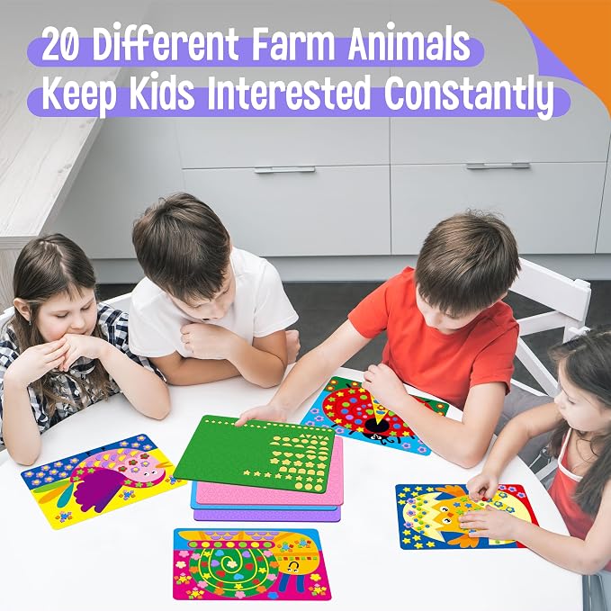 SpriteGru Foam Sticker Art Activity, 20 Farm Animal Art Boards with 1660 Foam Stickers in 10 Colors, Funny DIY Activity Creative Craft Kits Travel Game for Kids, Boys & Girls