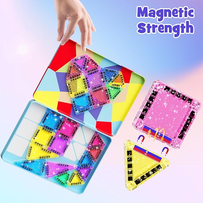 Travel Glitter Magnetic Block Set with Storage Box | STEM Educational Sensory Preschool Building Toy for Toddlers, Ideal Kids Gifts for Ages 3-6