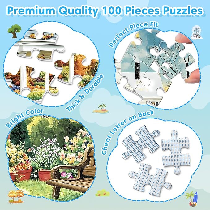 4 Pack 100 Piece Puzzles for Seniors, Four Seasons Jigsaw Puzzles | Elderly Large Piece Puzzle for Adults & Kids Ages 4-6 6-8 8-10, Easy Beginner Puzzle Family Educational Toy Gift