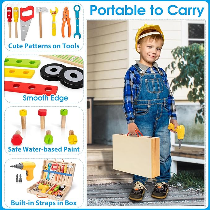 Kids Tool Set Toy with Drill, Stem Montessori Toys for 3 4 5 Years Old Boy Girl, 44 Pcs Wooden Toddler Tool Kits Inc Box, Learning Educational Construction Toy | Toy Tools for Toddlers 3-5 with Drill, Bolts and Wheels in a Portable Wooden Box for Prete...