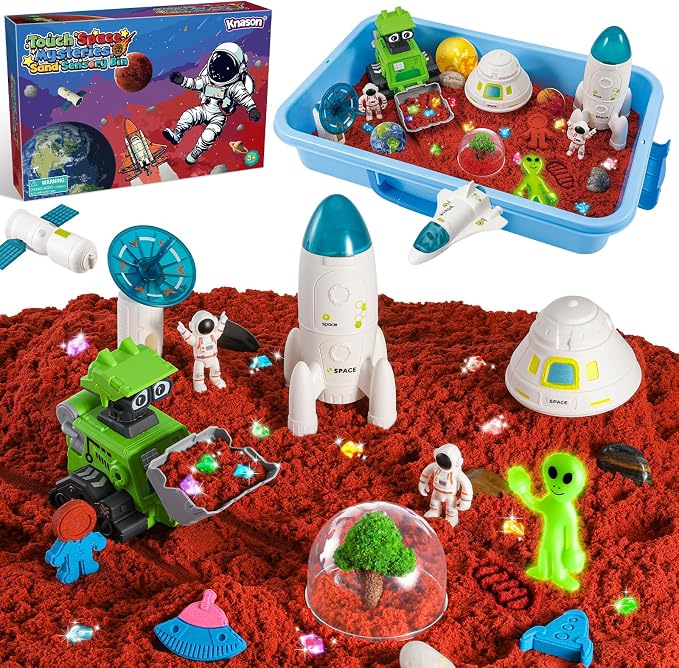 KNASON Outer Space Sensory Bin with Glow in The Dark Alien and Gems for Boy | 2.2lbs Sensory Play Sand Kit, Sandbox with Lid, Planets and Space Toys, Bulldozer, Gift for Kids Ages 3-8, Indoor and Outdoor