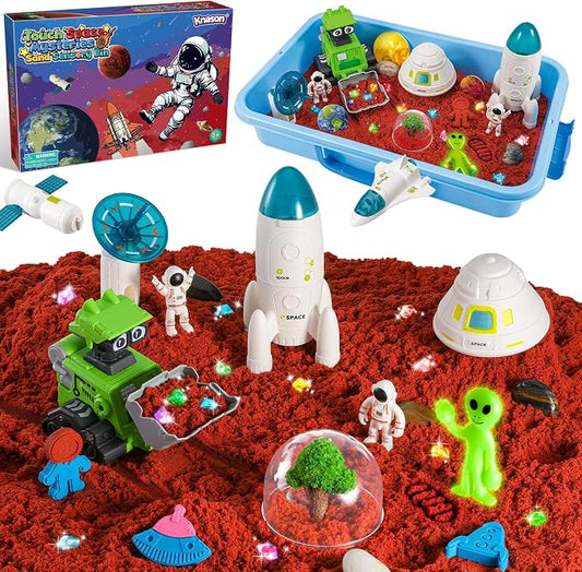 KNASON Outer Space Sensory Bin with Glow in The Dark Alien and Gems for Boy | 2.2lbs Sensory Play Sand Kit, Sandbox with Lid, Planets and Space Toys, Bulldozer, Gift for Kids Ages 3-8, Indoor and Outdoor