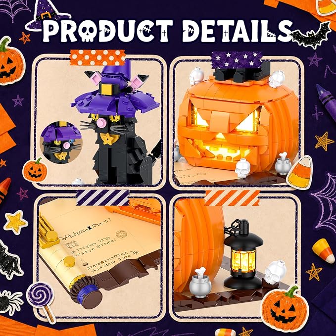 Halloween Pumpkin Witch Black Cat Building Set with Light for Kids | Cute Magic Cat with Pumpkin & Witch Hat Model Home Decor, Halloween Christmas Gift For Adults, Boys & Girls 6+, 577PCS