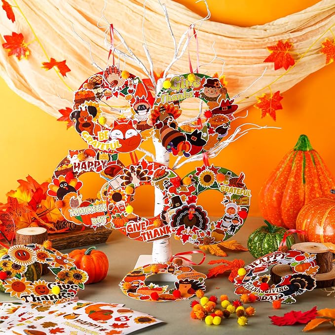 Hollowfly 48 Sets Thanksgiving Paper Wreath Craft Kits | Give Thanks and Grateful Designs, DIY Hanging Ornaments for Fall Home Decor, Party Favors and Classroom Activities