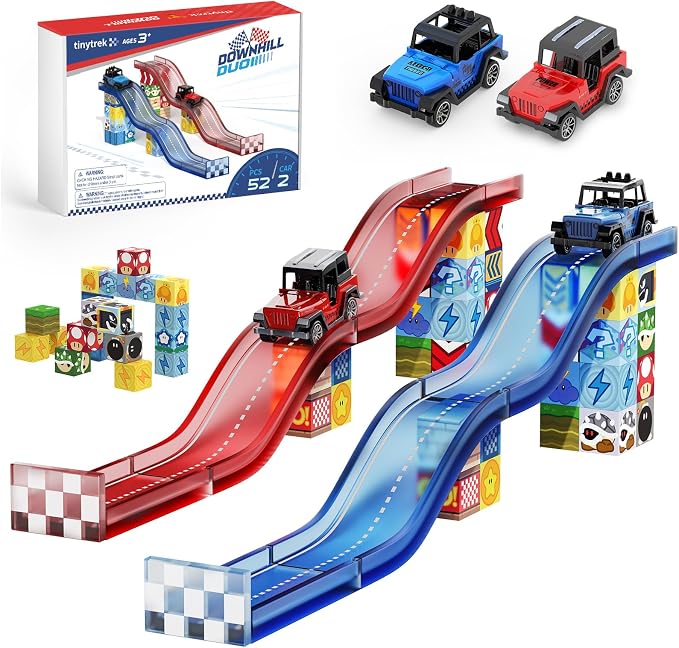 Magnetic Tiles Race Track Set, 52PCS STEM Educational | With 2 Race Cars, Montessori Sensory Travel Toys for Kids 3 4 5 6 7 8, Birthday & Holiday Gift for Boys & Girls