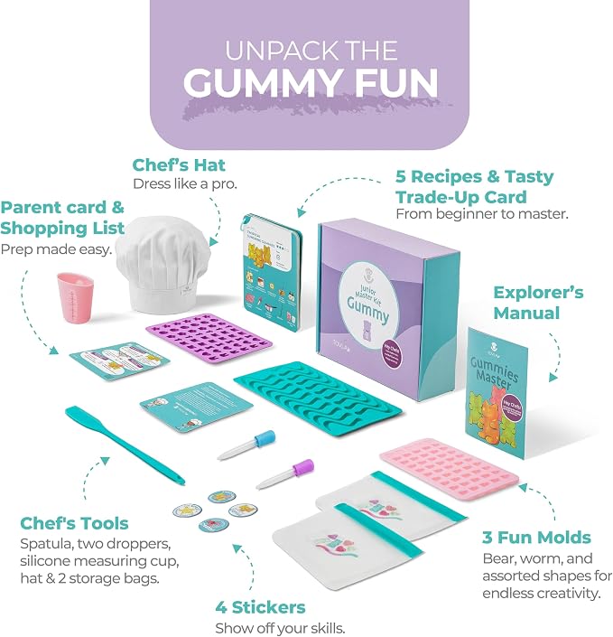 Kids Gummy Making Kit | Real Reusable Candy Science | Ages 6-12 | STEM DIY Activity | Gummy Molds and Visual Recipe Cards | Screen Free Fun | Birthday Christmas Gift Stocking Stuffer