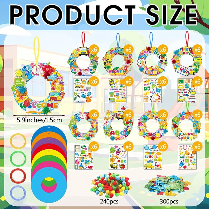 Hollowfly 48 Sets Back to School Craft Kits DIY Wreath for First Day | 8 Wreath Designs, Lightweight Foam Ornaments, Make Your Own School Craft, First Day Activities Back to School Party Favors
