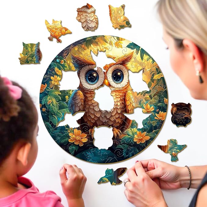 Animal Wooden Puzzles for Kids - Cute Owl | 50 Piece Puzzles for Kids Ages 4-6 - Kids Puzzle with Unique Piece Shapes - Round Puzzles for Boys and Girls (11.4 * 11.4 in)