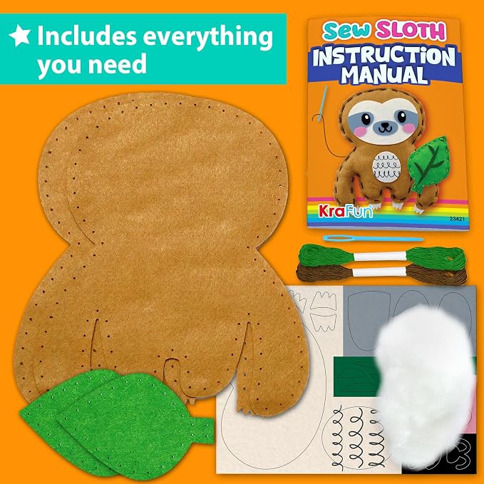 KRAFUN Beginner Sewing Kit, Sew Sloth & Leaf, Pre-Cut Felt, Kids Ages 5+ | Beginner Sewing Kit: Sew 2 Plushies, Sloth & Leaf. Pre-Cut, Pre-Punched Felt, No Scissors. Safe Plastic Needle for Kids